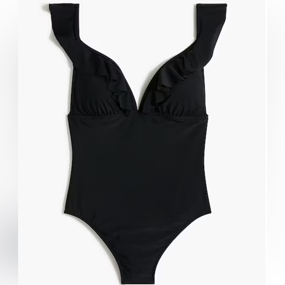 J Crew Factory Ruffle-shoulder V-neck one-piece swimsuit Black size M NWT BG217 - Picture 4 of 11
